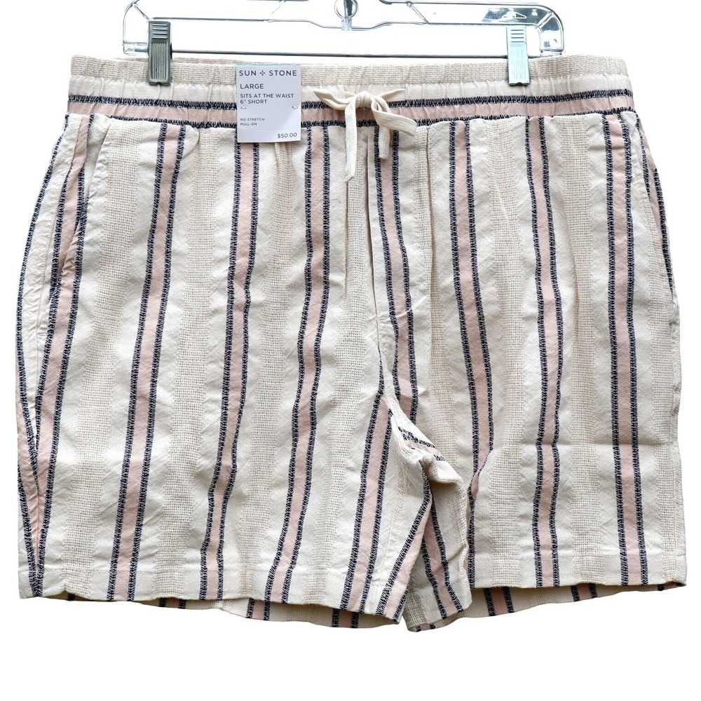 Sun + Stone Mens Large Striped Shorts‎ Cream Pink Blue 6 Inch Inseam NWT